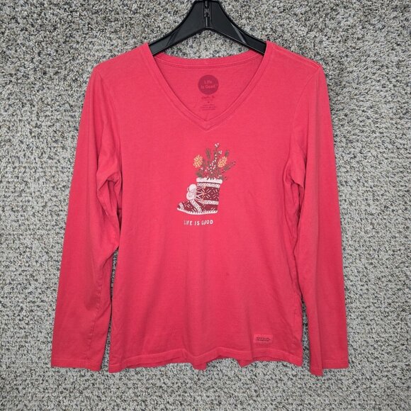 Life Is Good Top Womens Medium Red Crusher Christmas Stocking Holiday V‎ Neck - Picture 1 of 6